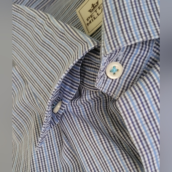 PETER MILLAR Blue Tattersall Men's Button Down Dress Shirt 100% Cotton Large - Picture 5 of 8